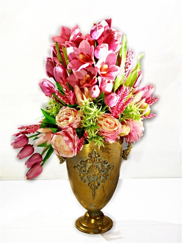 Lilies, Roses, Tulips in Decorative Brass Vase
