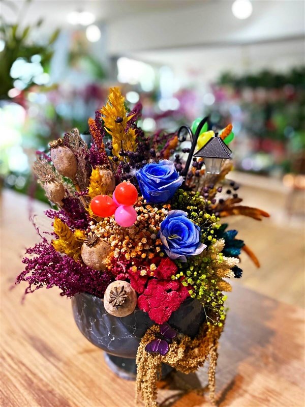 Rich Dried Flower and Unfading Rose Arrangement